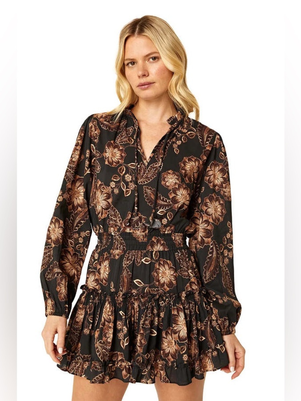 MISA Los Angeles Lorena Dress Colombe Floral Mini Smocked Waist Boho Resort L